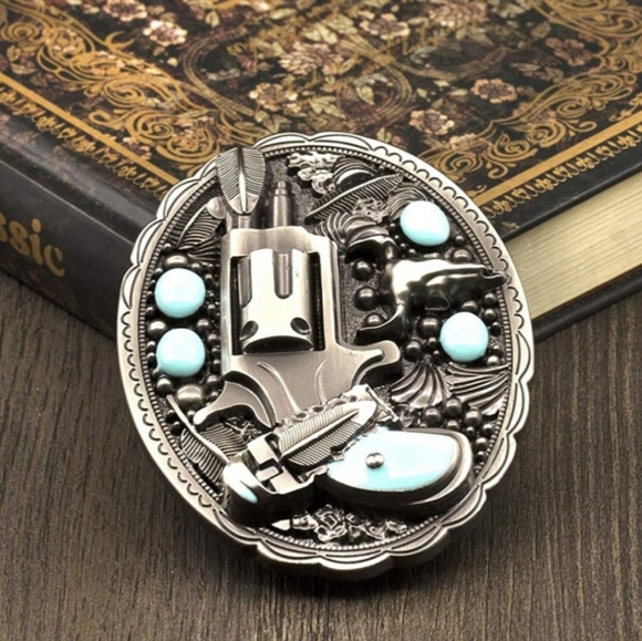 Western Rodeo Style revolver pistol theme feathers Longhorn bull belt bu… - Picture 5 of 6